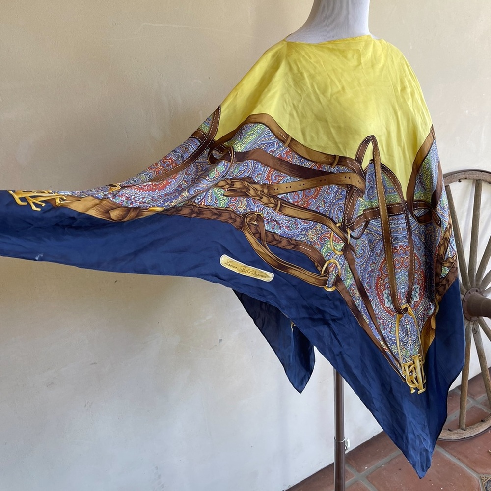 RALPH LAUREN Equestrian English Riding Theme Yellow Blue 100% Silk Poncho Scarf - Picture 4 of 11